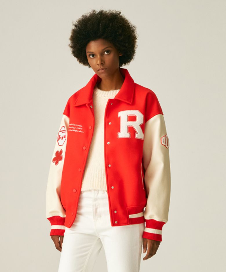 (UNISEX)60100-1 WOOL VARSITY JACKET_ORANGE