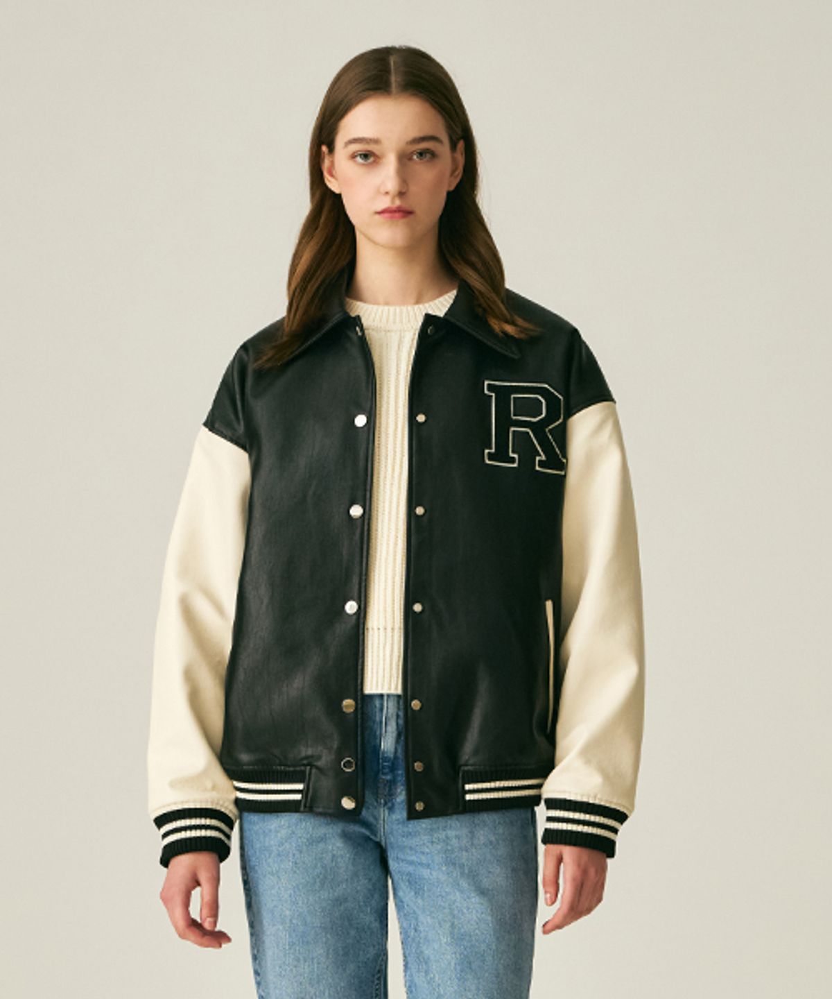 레이디 볼륨(LADY VOLUME) (UNISEX)9111 VARSITY LEATHER JACKET_BLACK
