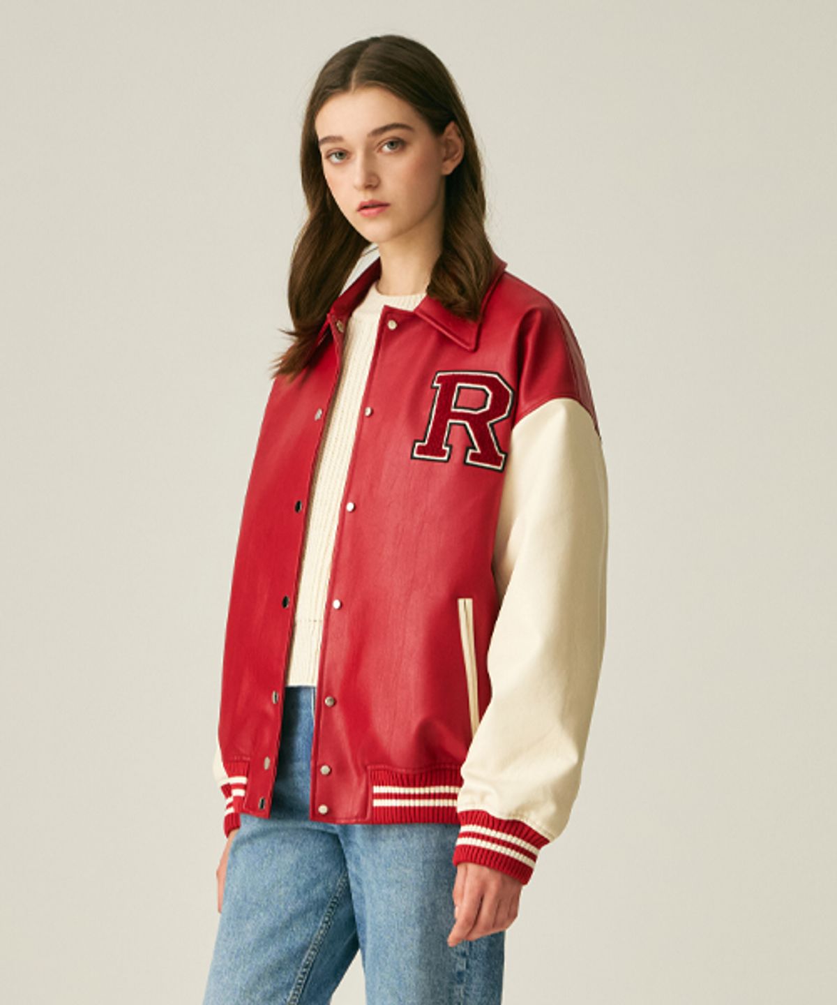 레이디 볼륨(LADY VOLUME) (UNISEX)9111 VARSITY LEATHER JACKET_RED