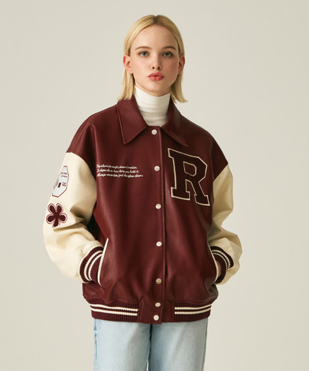 레이디 볼륨(LADY VOLUME) (UNISEX)9111-1 VARSITY LEATHER JACKET_WINE