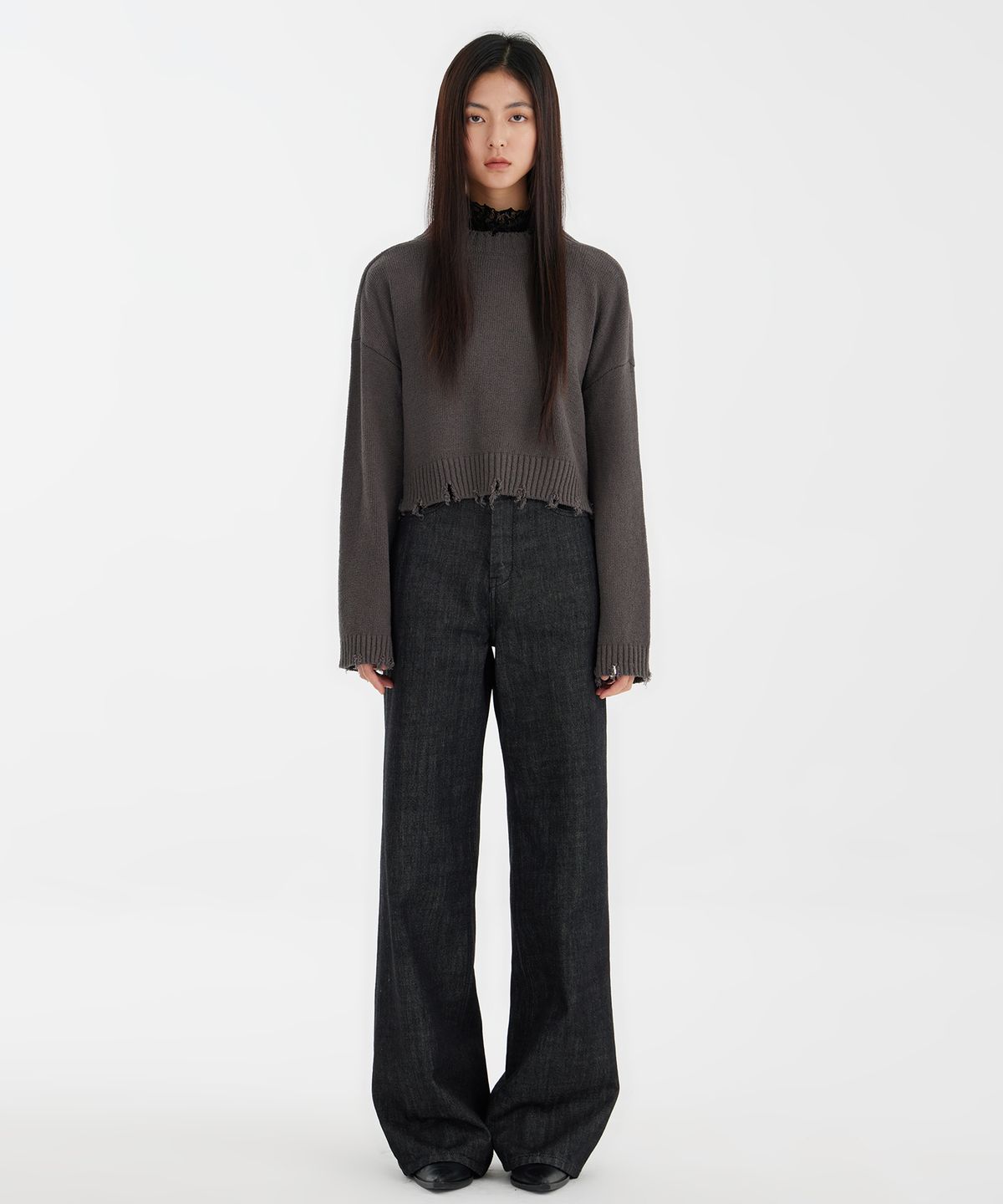 유스(YOUTH) Damaged Cropped Knit  - Charcoal Grey
