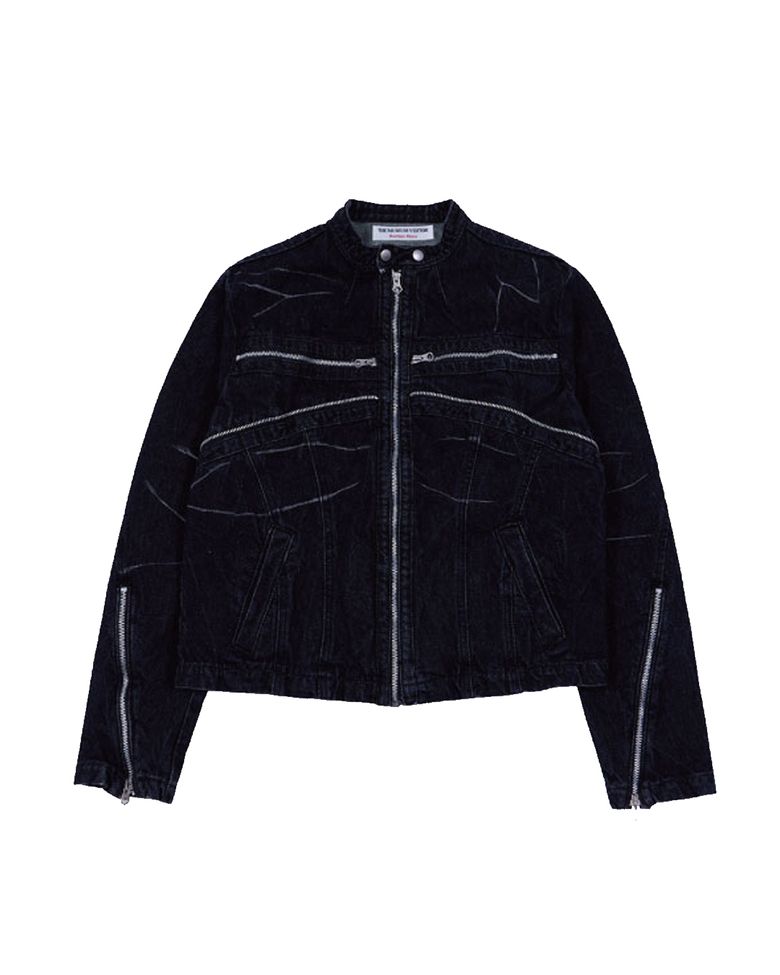 DENIM ZIPPER BIKER JACKET (BLACK)