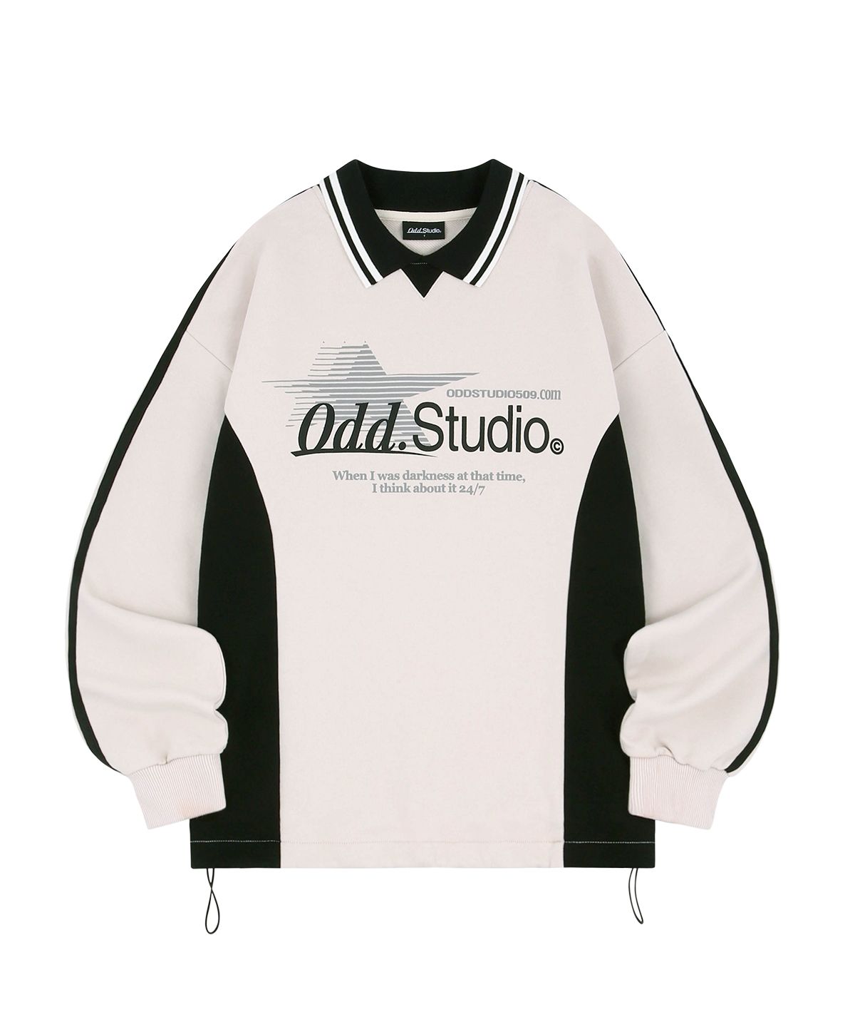 오드스튜디오(ODDSTUDIO) 스포티 트랙 카라 스트링 오버핏 맨투맨 - SAND BEIGE/BLACK