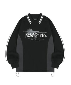 스포티 트랙 카라 스트링 오버핏 맨투맨 - BLACK/CHARCOAL