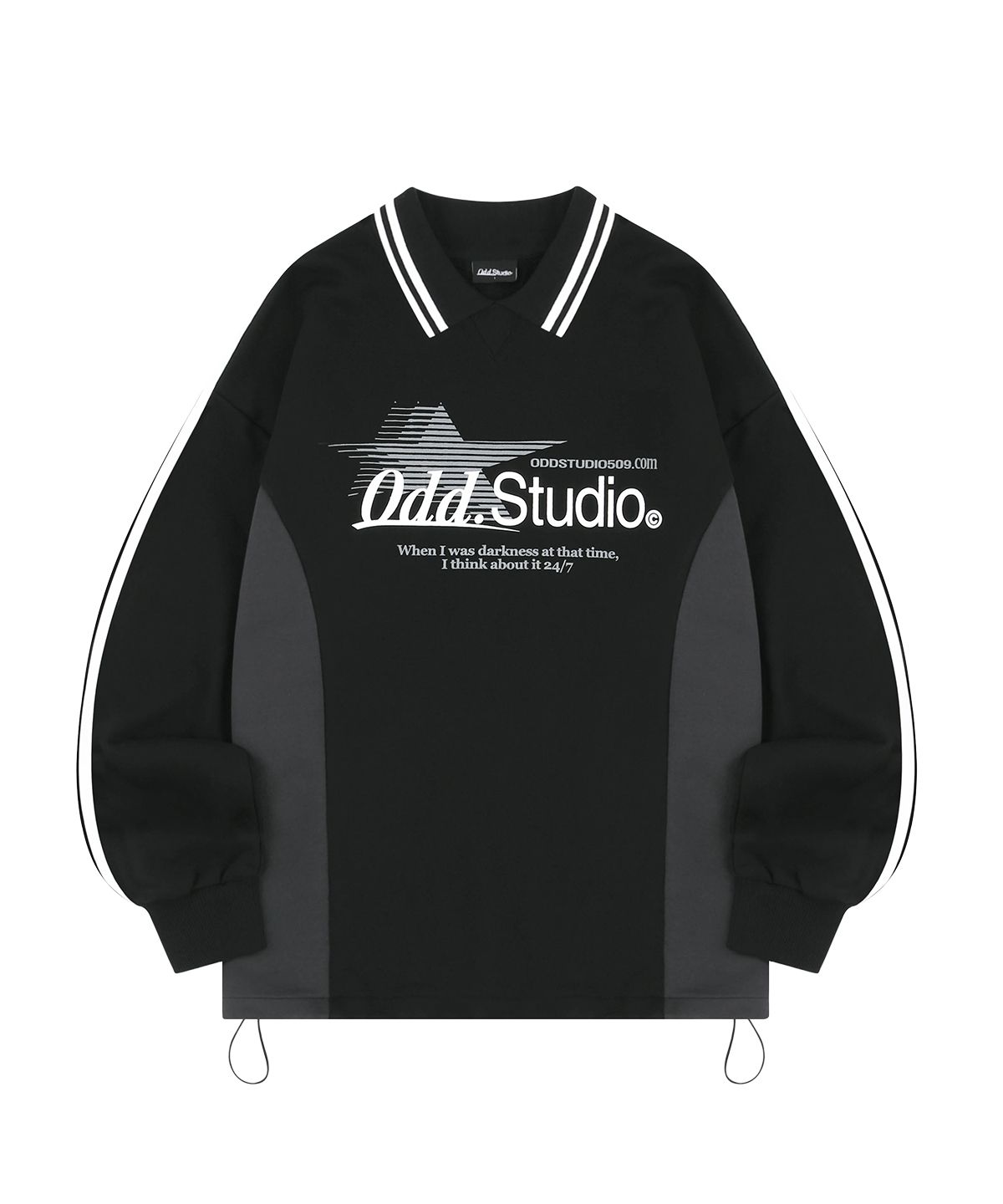 오드스튜디오(ODDSTUDIO) 스포티 트랙 카라 스트링 오버핏 맨투맨 - BLACK/CHARCOAL