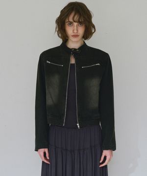 워시드 데님 레이싱 자켓 [스톤 블랙]