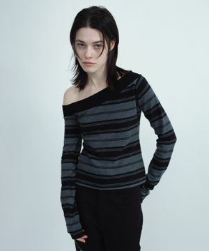 원 숄더 스트라이프 티셔츠 [차콜 그레이]