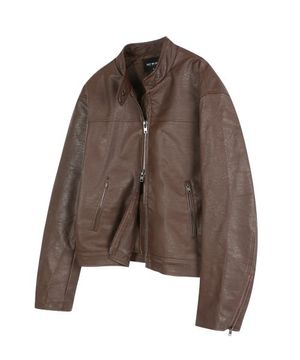 신세틱 레더 크롭 바이커자켓 - 브라운