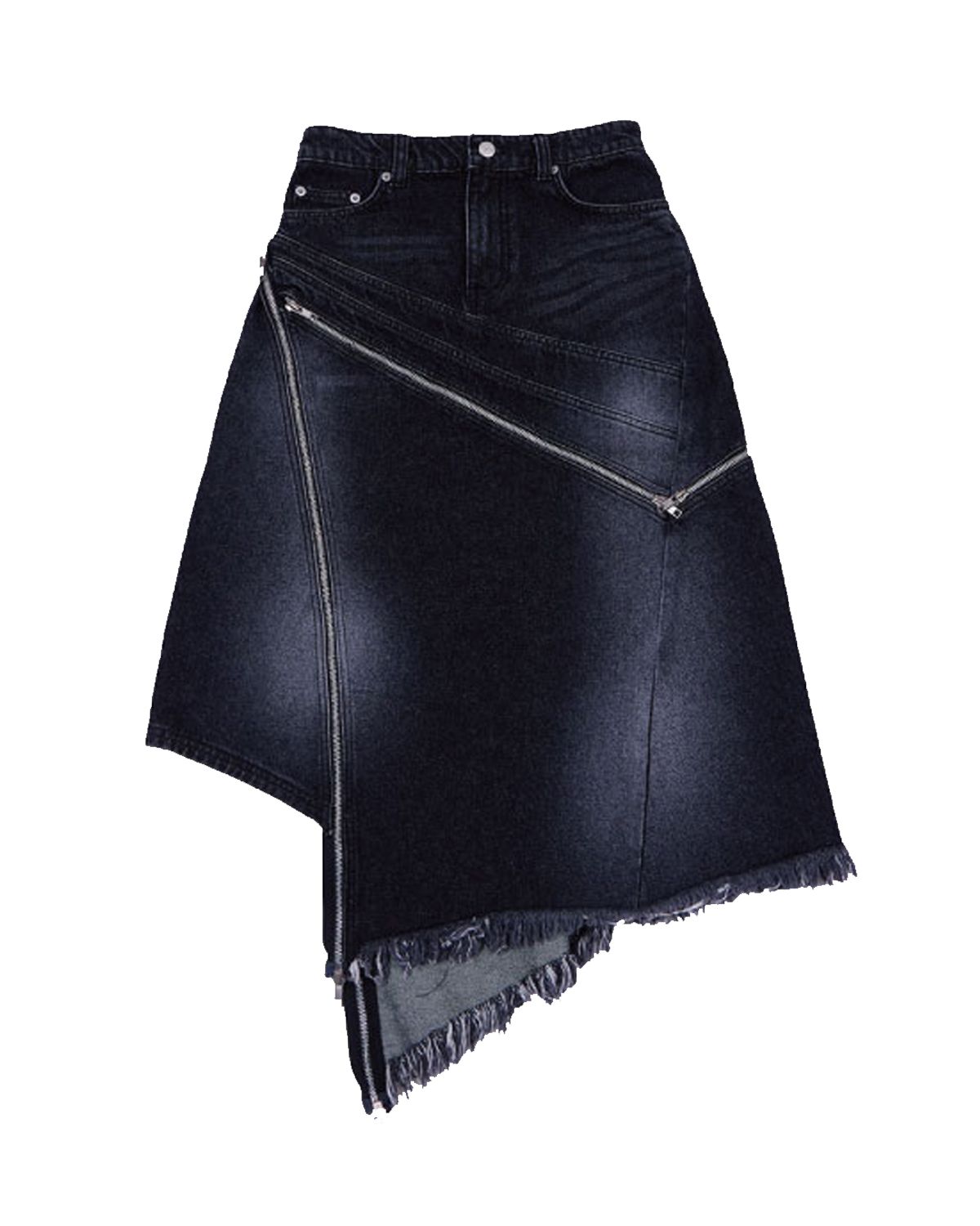 더뮤지엄비지터(THEMUSEUMVISITOR) DIAGONAL ZIPPER DETAILED WASHED DENIM SKIRT (BLACK)