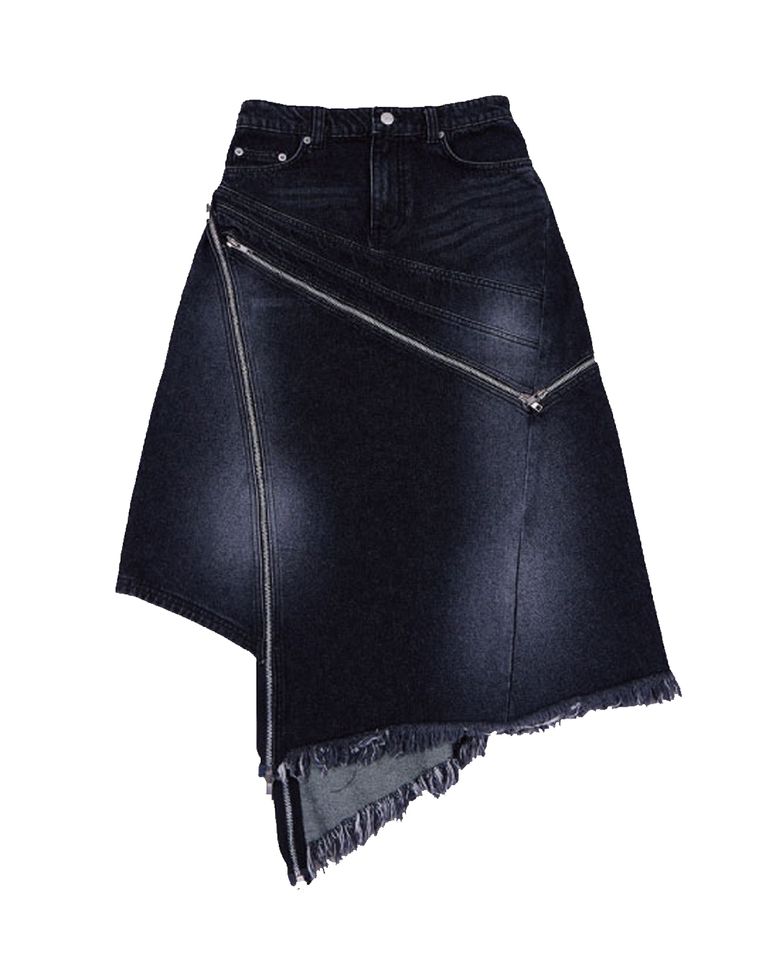 DIAGONAL ZIPPER DETAILED WASHED DENIM SKIRT (BLACK)