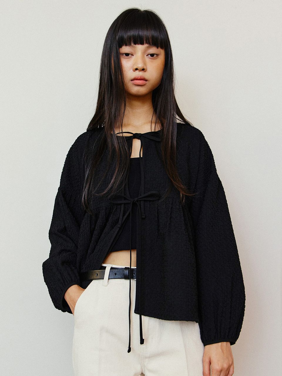 MUSINSA | LE SEIZEME Ribbon Blouse - Black