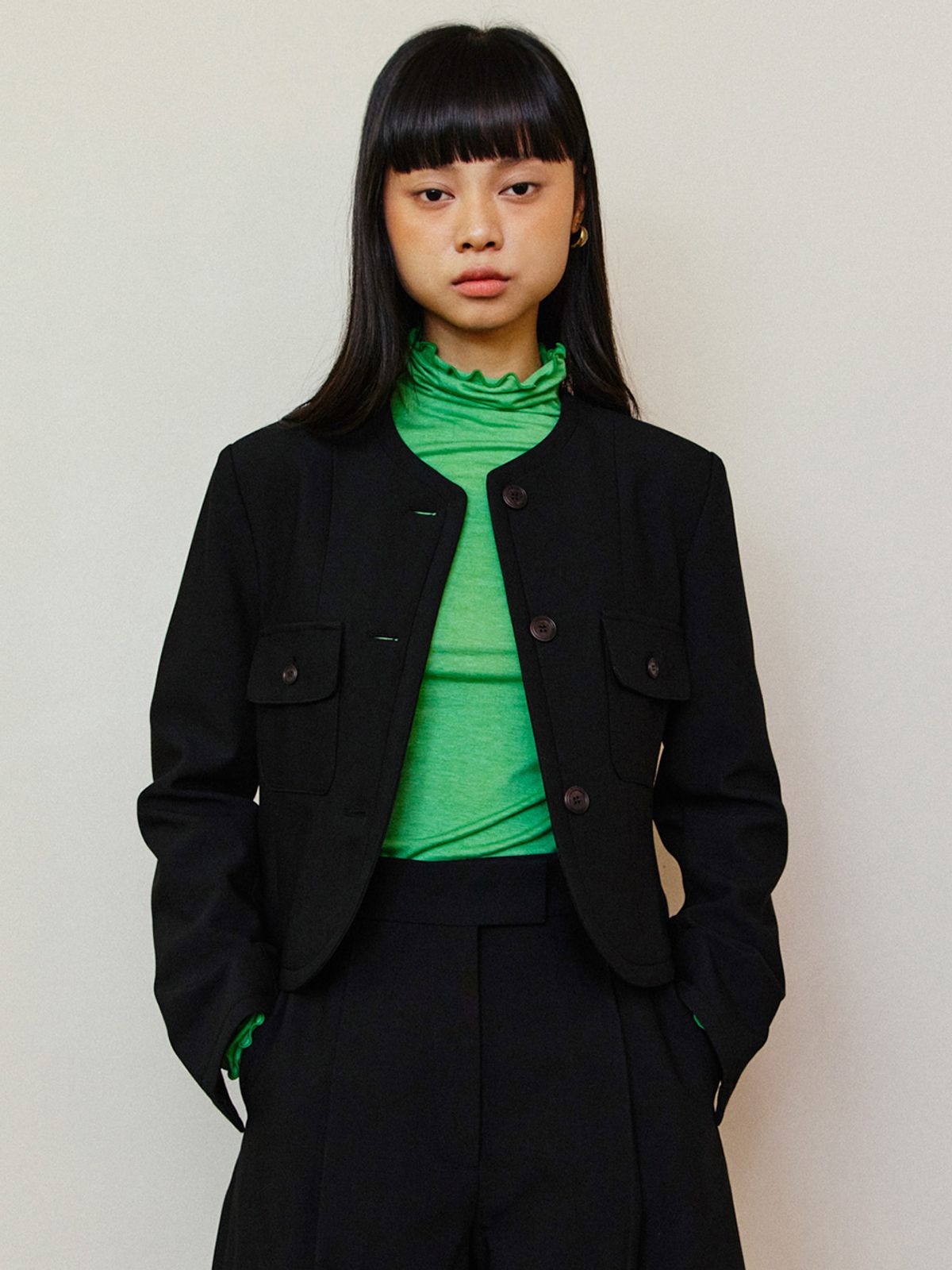 르세지엠(LESEIZEME) Celine Round No Collar Crop Jacket - Black