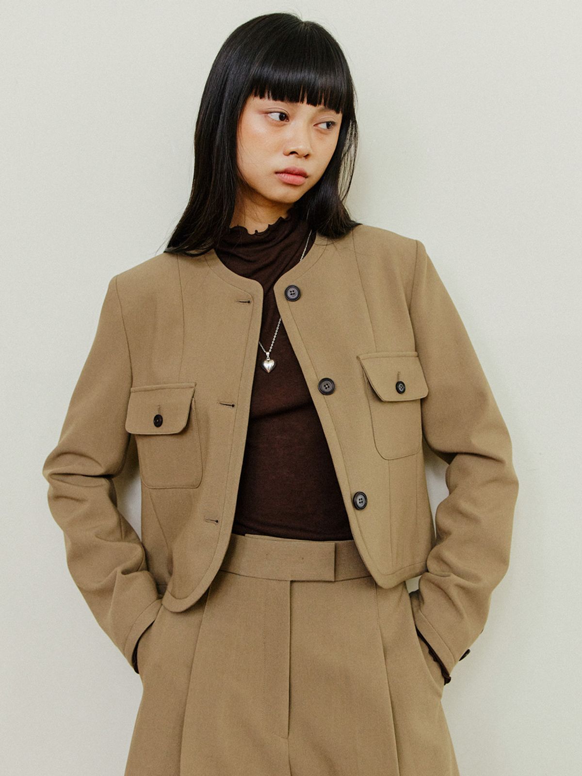 르세지엠(LESEIZEME) Celine Round No Collar Crop Jacket - Beige