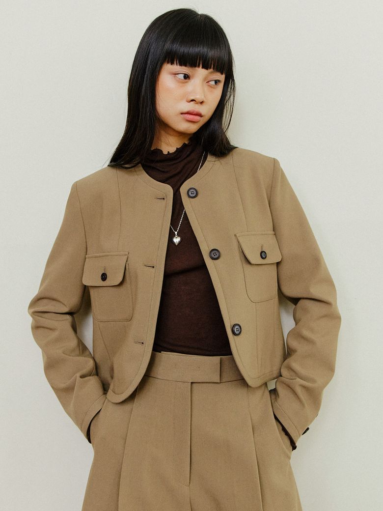 Celine Round No Collar Crop Jacket - Beige