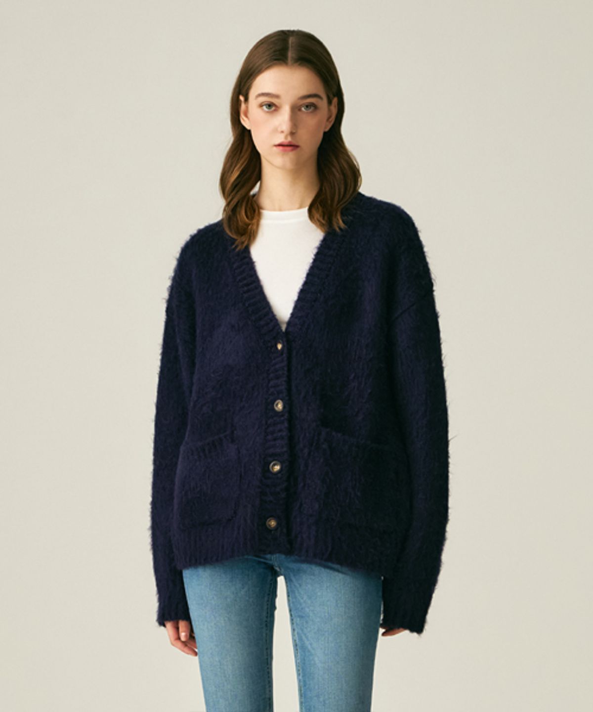 레이디 볼륨(LADY VOLUME) SOFT BRUSH WOOL CARDIGAN_NAVY