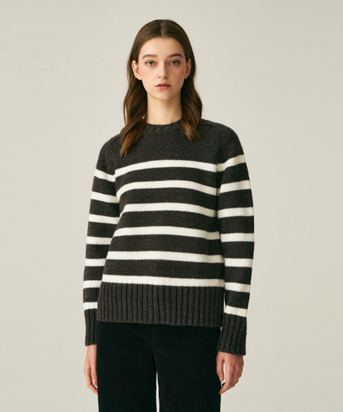 레이디 볼륨(LADY VOLUME) WOOL STRIPE PULLOVER_BROWN