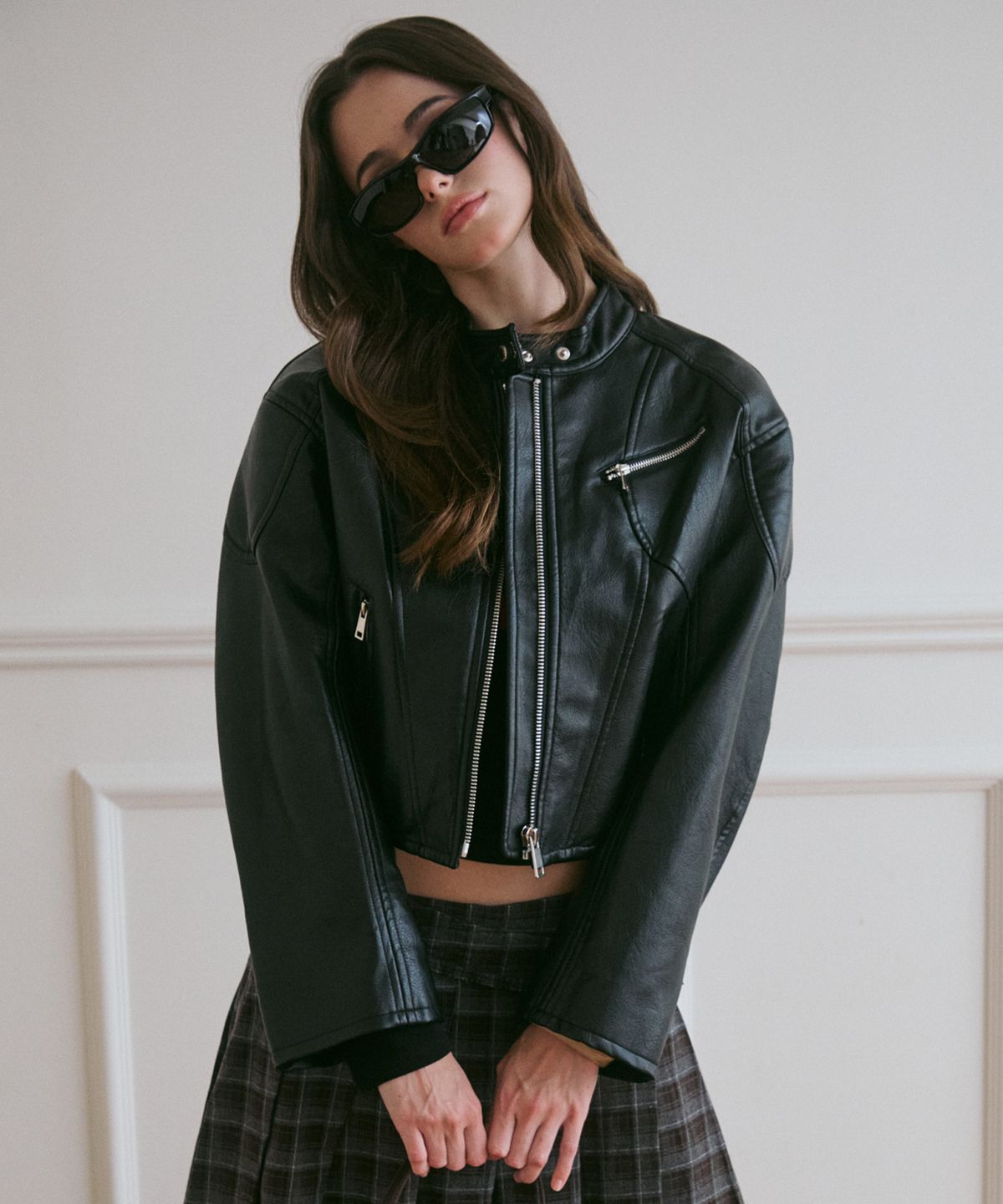 라라폭스(LALAFOX) LINE FAKE LEATHER BIKER JACKET BLACK BP3LJ001