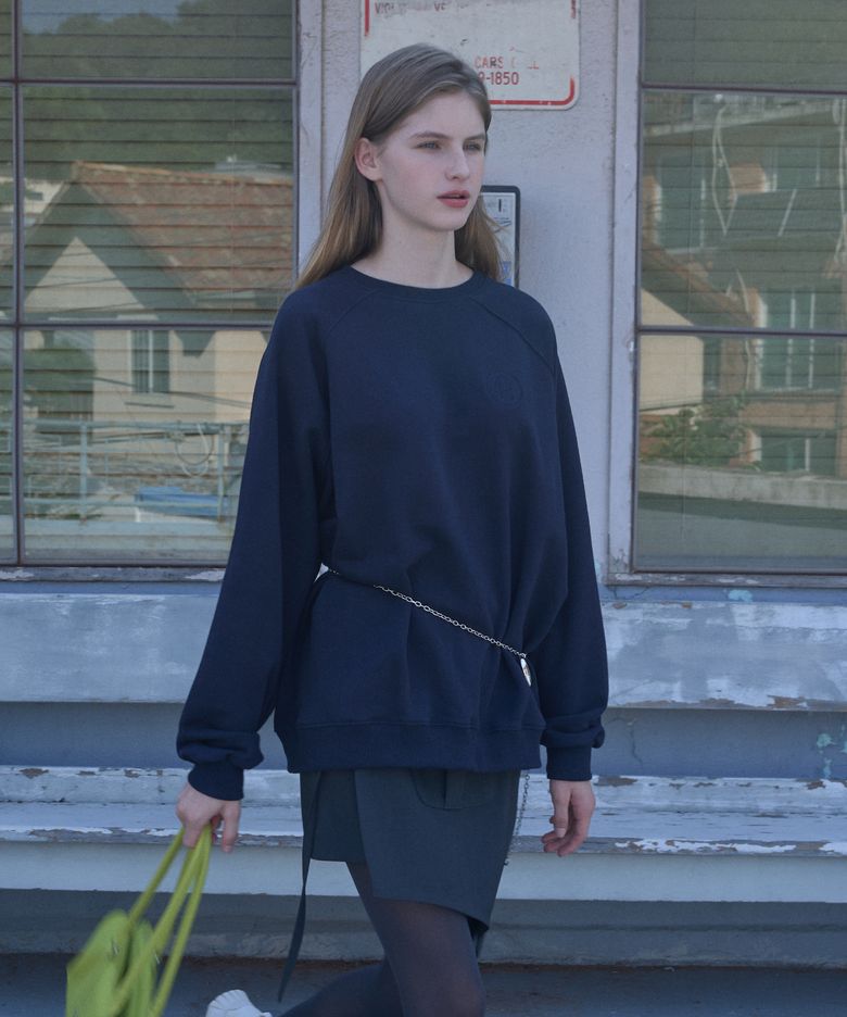 Pintuck raglan sleeve Logo embroidery Sweat shirt Navy