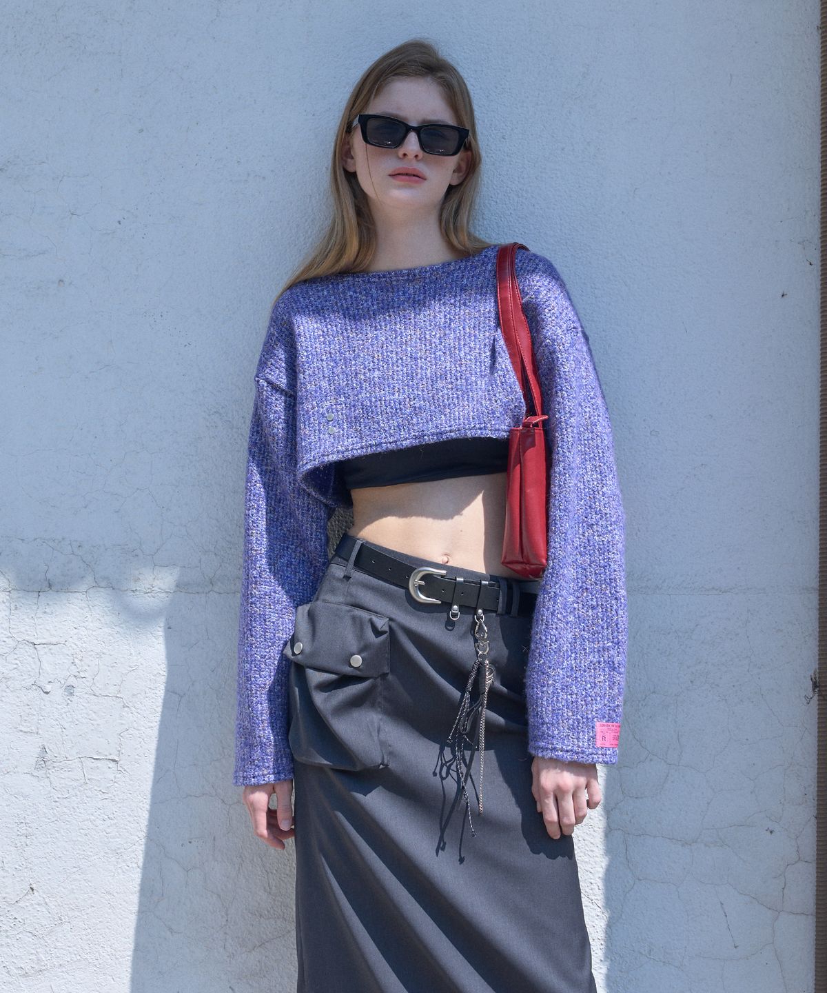 320쇼룸(320SHOWROOM) Wool blend Round neck Crop Stud Knit Tshirts Purple