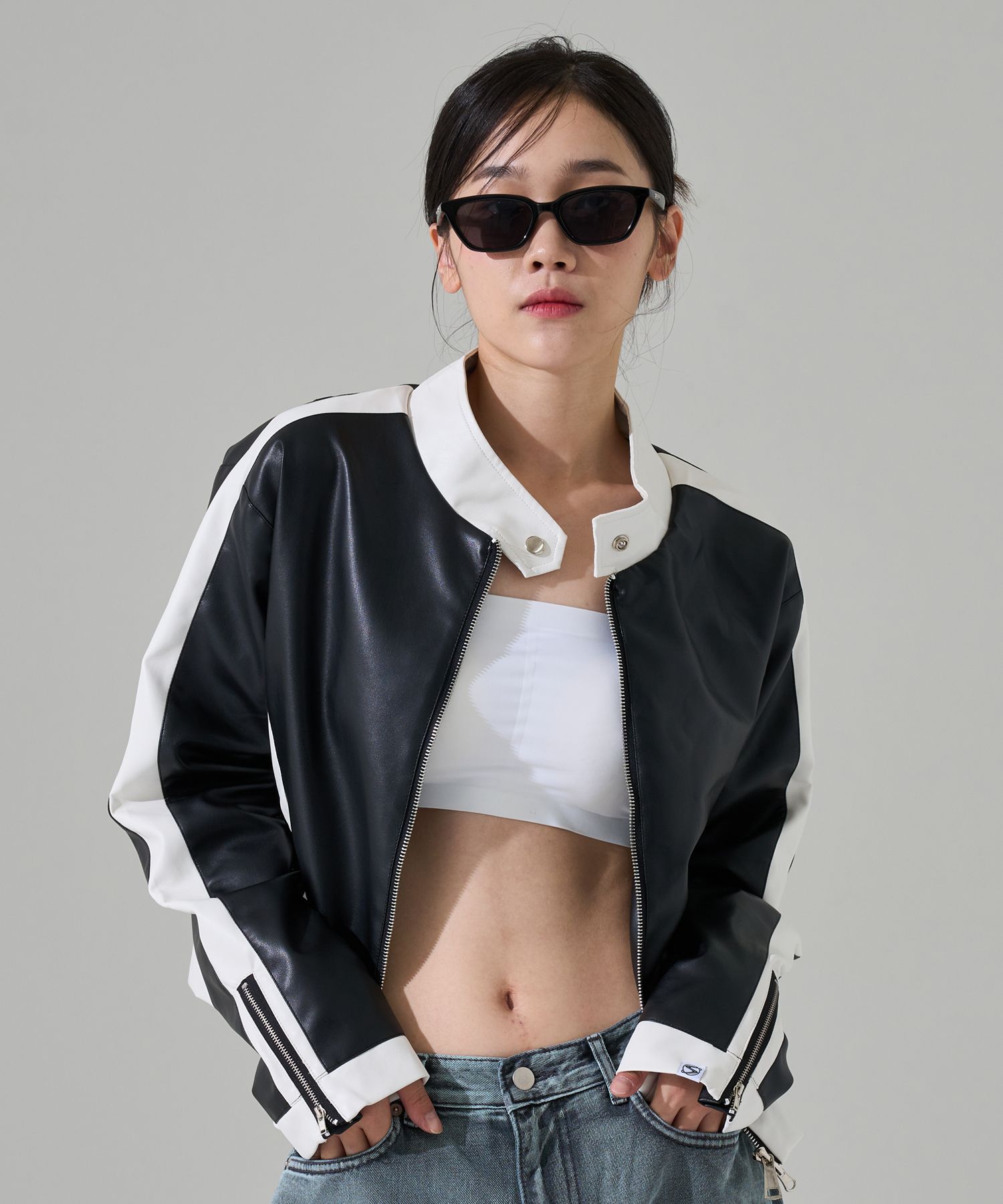 ブラック&ホワイトブルゾン☆2ウェイ MUSINSA公式 | OURSAYSOUR Color combination two-way biker jacket