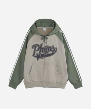 스타테일 컬러블럭 후드집업_그린 베이지