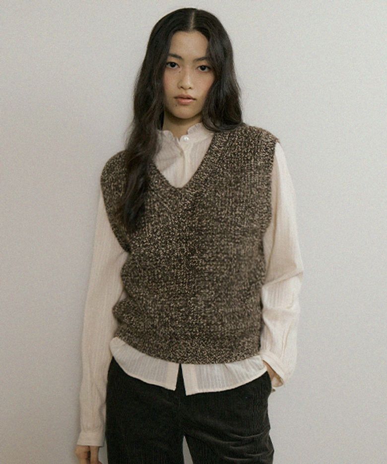 mix knit vest-darkbrown
