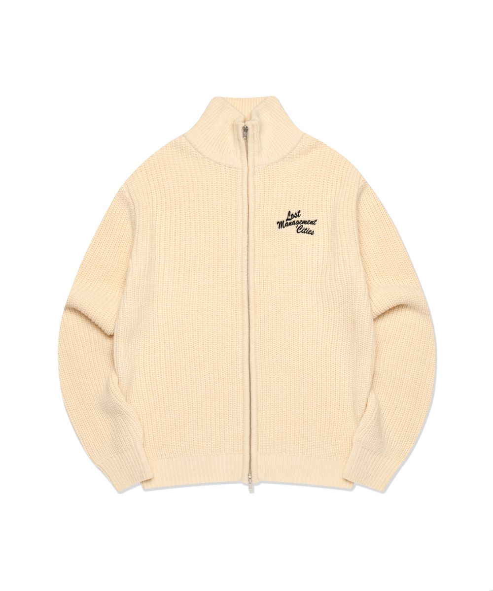 SCRIPT HIGH NECK ZIP-UP KNIT CARDIGAN cream