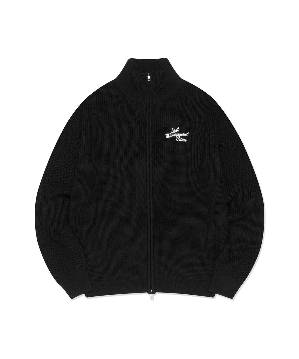 SCRIPT HIGH NECK ZIP-UP KNIT CARDIGAN black