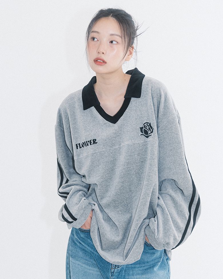 OVERSIZE VELOUR V-NECK L/S TEE(GREY)