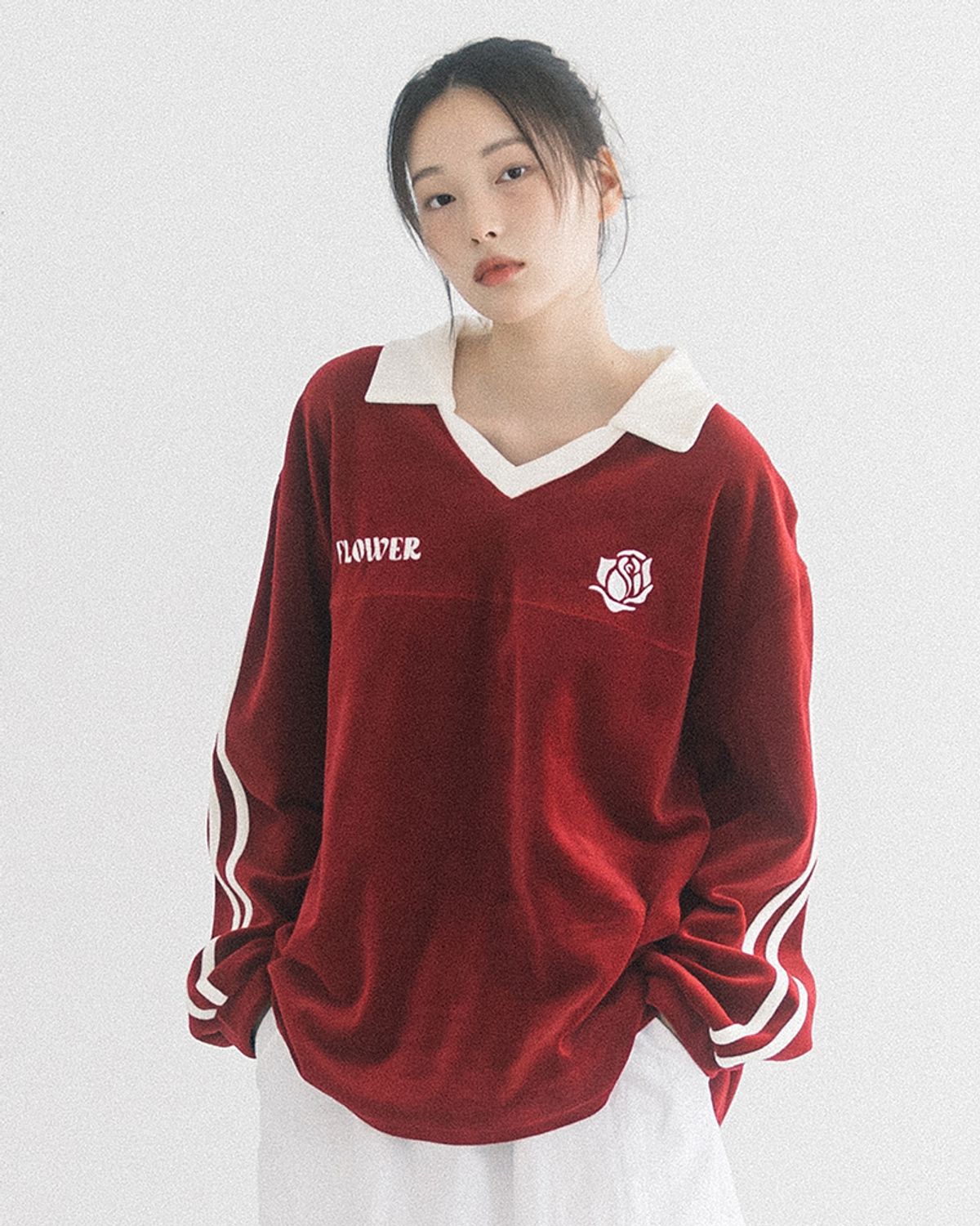 해비즘(HAVISM) OVERSIZE VELOUR V-NECK L/S TEE(RED)