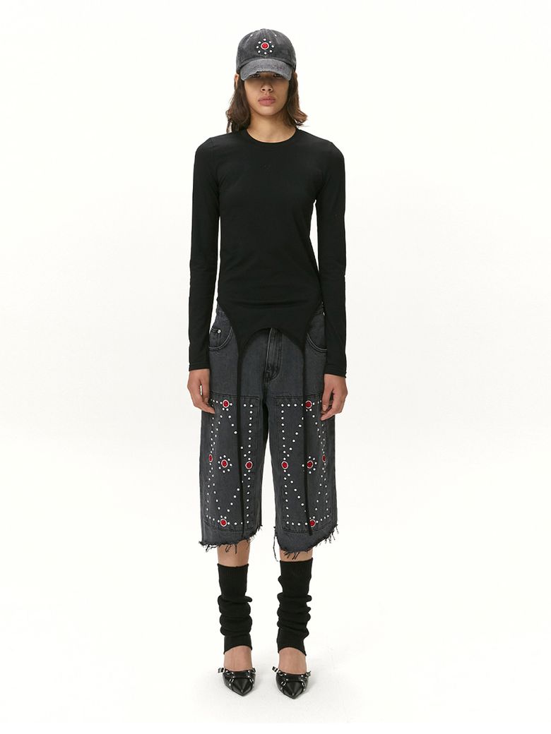 CUBIC EMBROIDERY HALF DENIM - BLACK