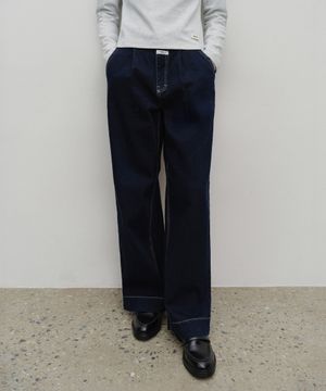 W LOW-WAIST TUCK WIDE DENIM PANTS dark blue