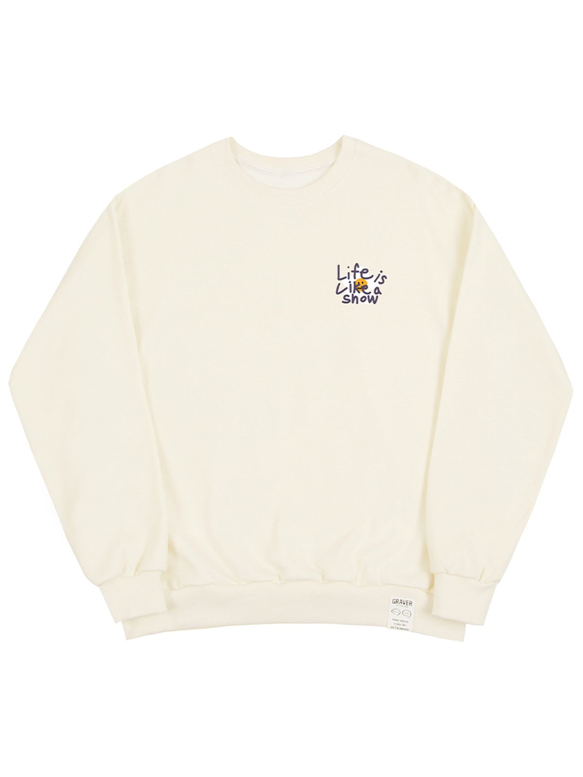 그레이버(GRAVER) [UNISEX]드로잉 레터 플라워 스마일 맨투맨_크림/퍼플 로고