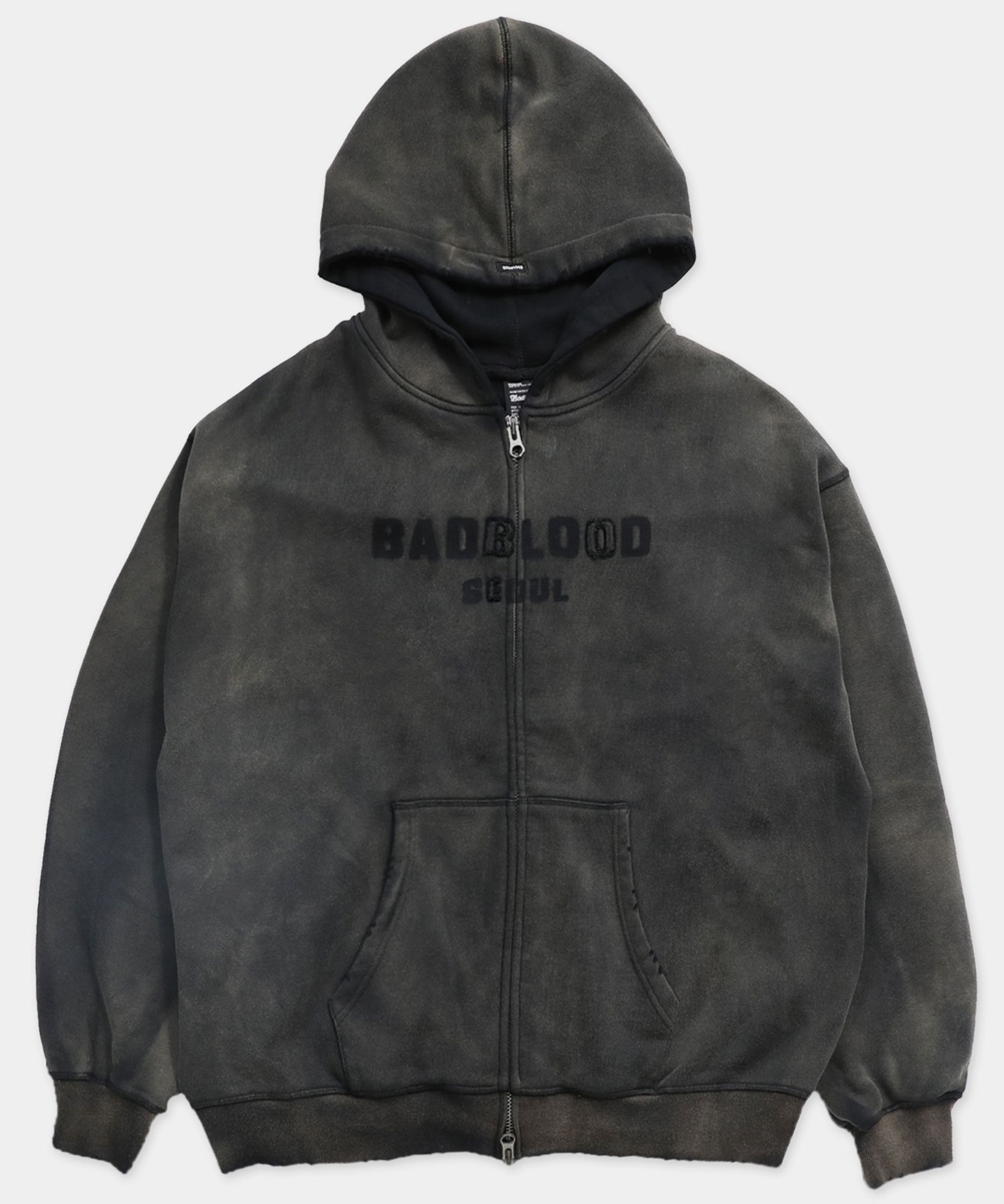 MUSINSA | BADBLOOD Sun faded hood zip-up large fit - black