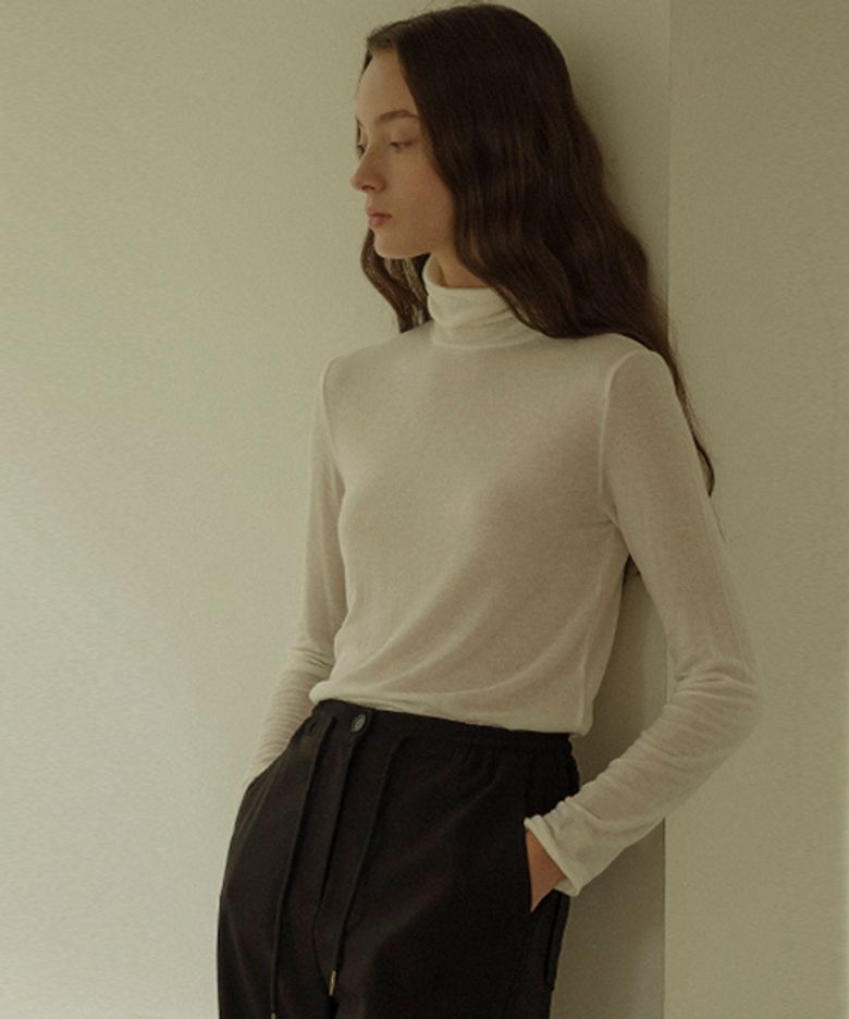 Tencel wool blended sheer turtle neck_Ivory