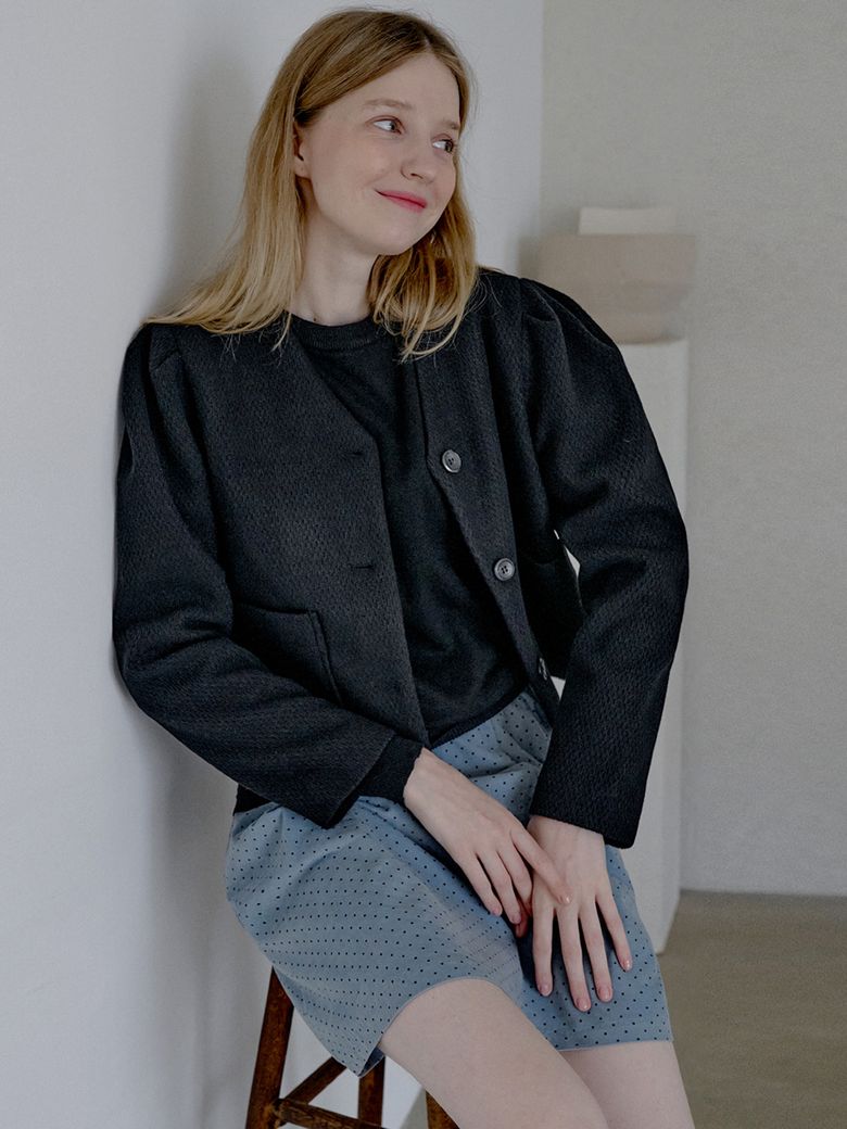 V-neck Puff Knit Jacket - BLACK