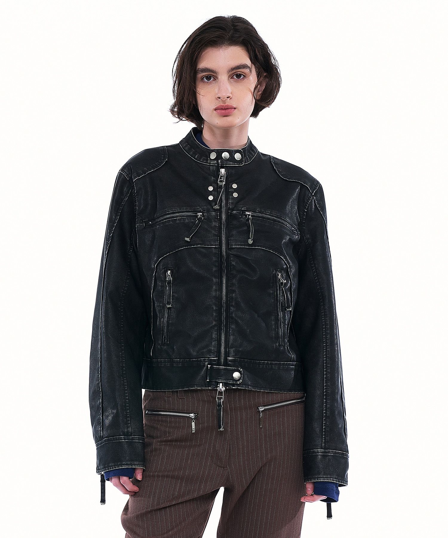 MUSINSA | PARTIMENTO WOMEN Washed leather biker jacket_4colors