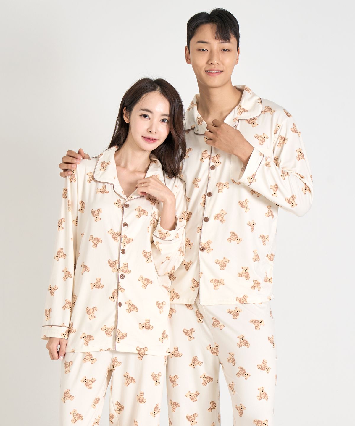 에이원(AONE) [SET] 커플 피치기모 곰돌이 카라 긴팔 상의 하의 잠옷