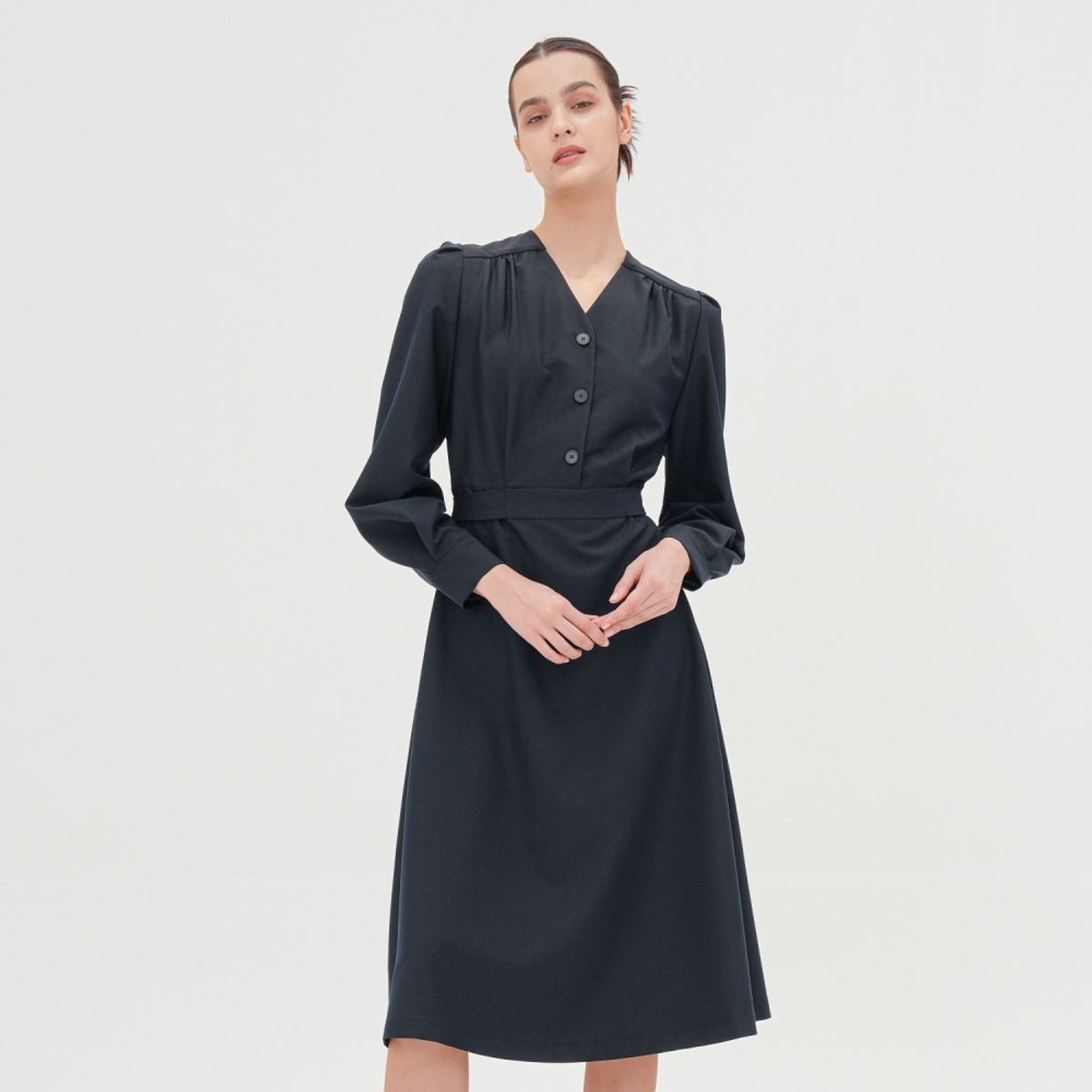 아쿠드(ACUD) V-neck Long Sleeve Shirt Dress _Navy