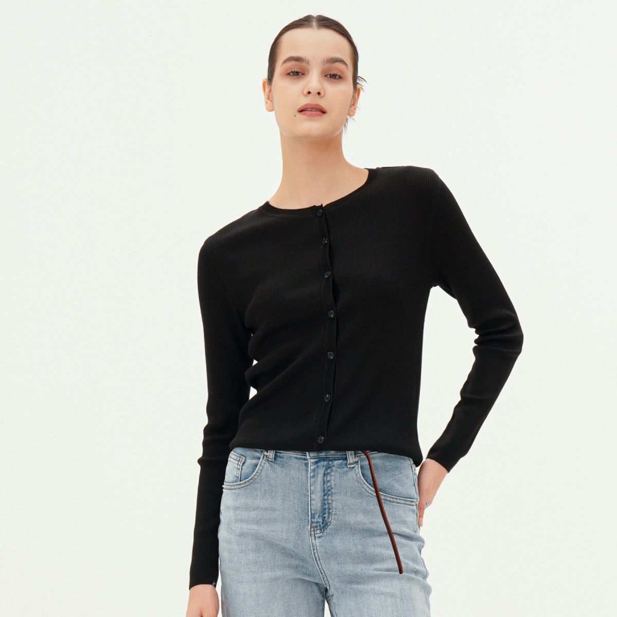 아쿠드(ACUD) Round Neck Ribbed Cardigan _Black