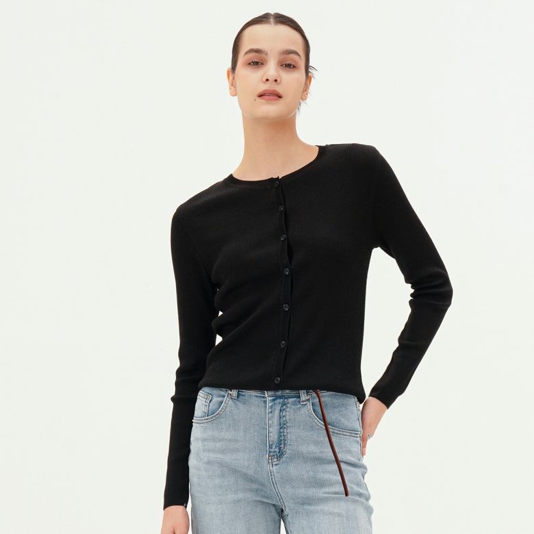 Round Neck Ribbed Cardigan _Black