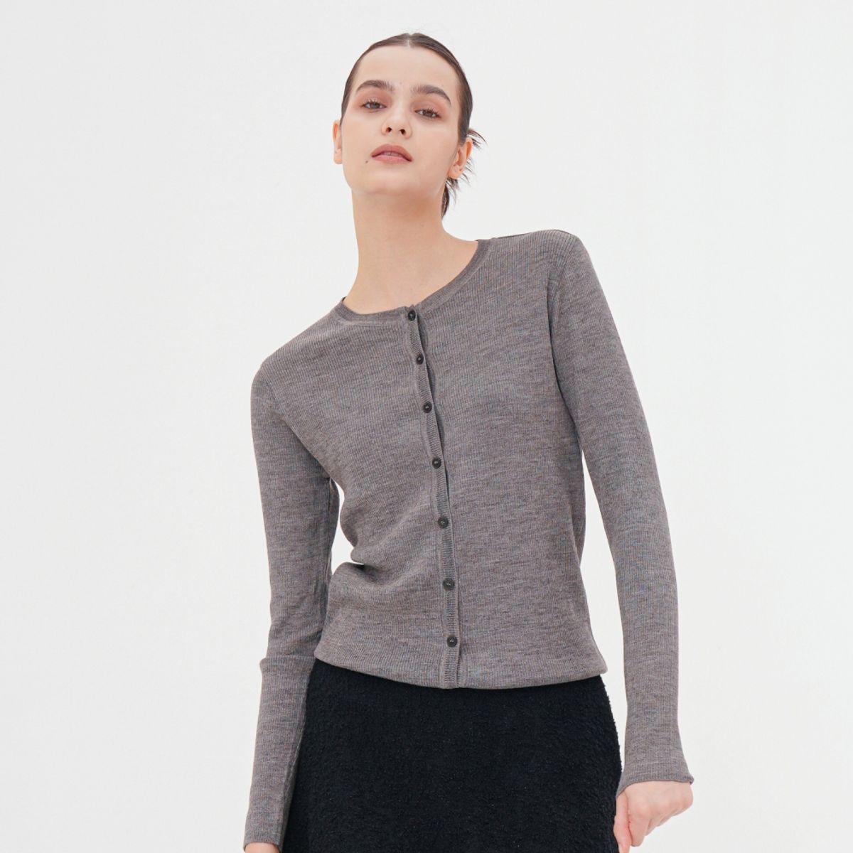 아쿠드(ACUD) Round Neck Ribbed Cardigan _Grey
