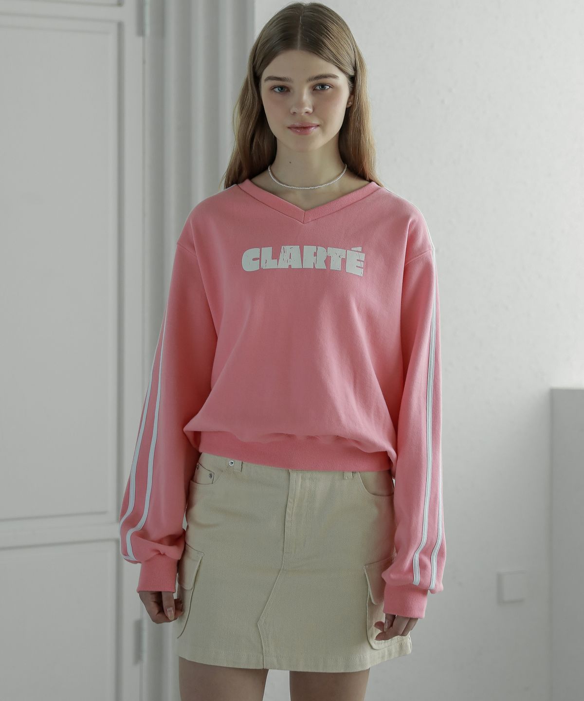 로시로우(LOSSYROW) Lossy  Line Point V-Neck Sweatshirt_pink