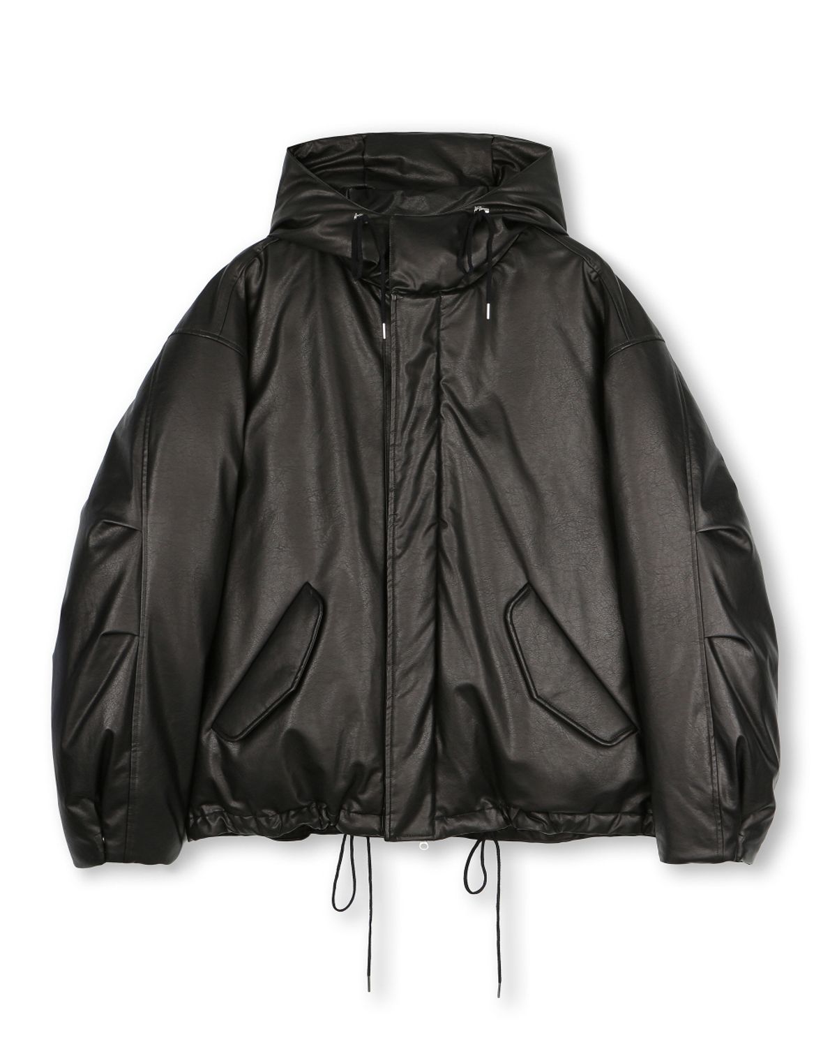 비슬로우(BESLOW) OVERSIZED M65 HOOD SHORT DOWN PARKA VEGAN LEATHER BLACK