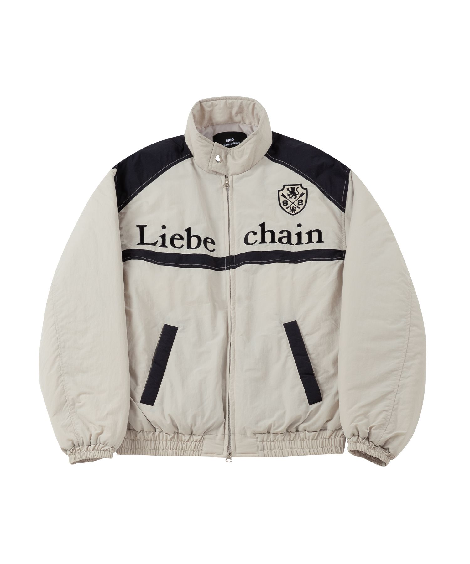 MUSINSA | MOO Nylon Embroidered Color Block Racing Jacket - Beige