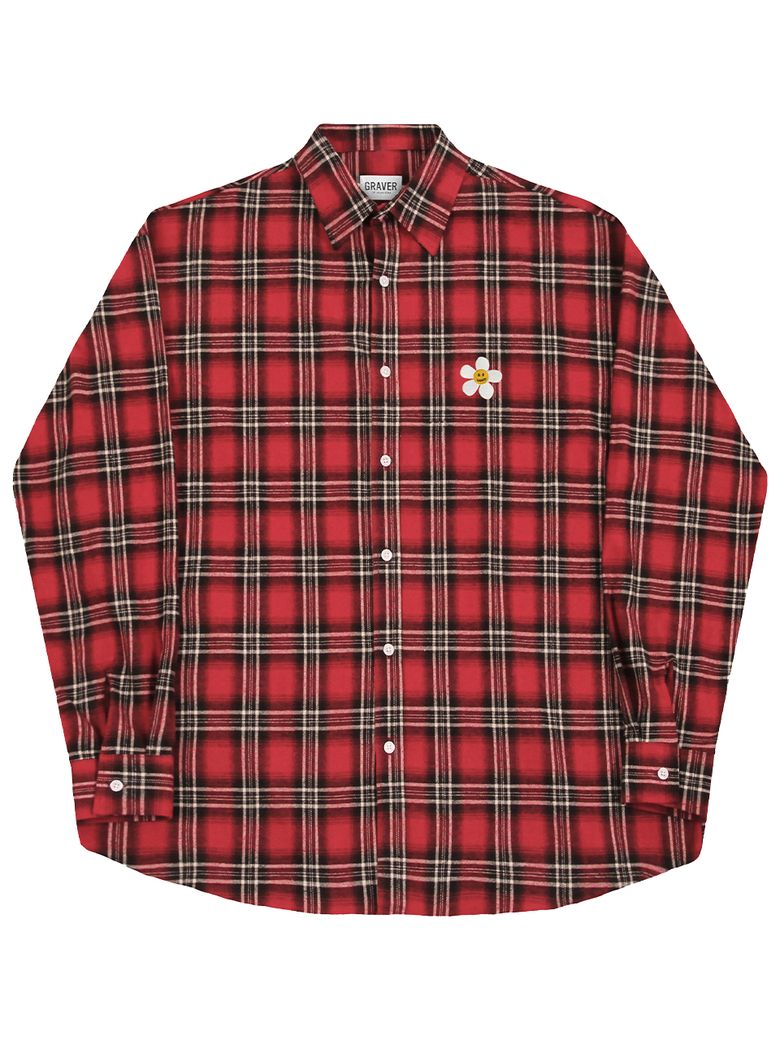 [UNISEX]플라워도트 자수 오버핏 체크셔츠_레드
