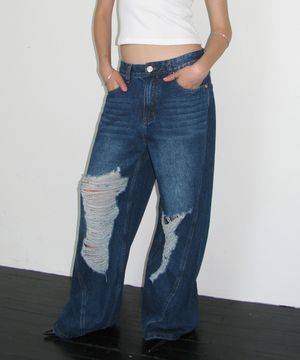 커브드 데미지 와이드 진 [딥 블루]