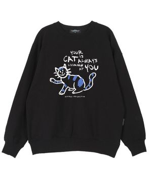 두들 캣 오버핏 드롭숄더 맨투맨_블랙