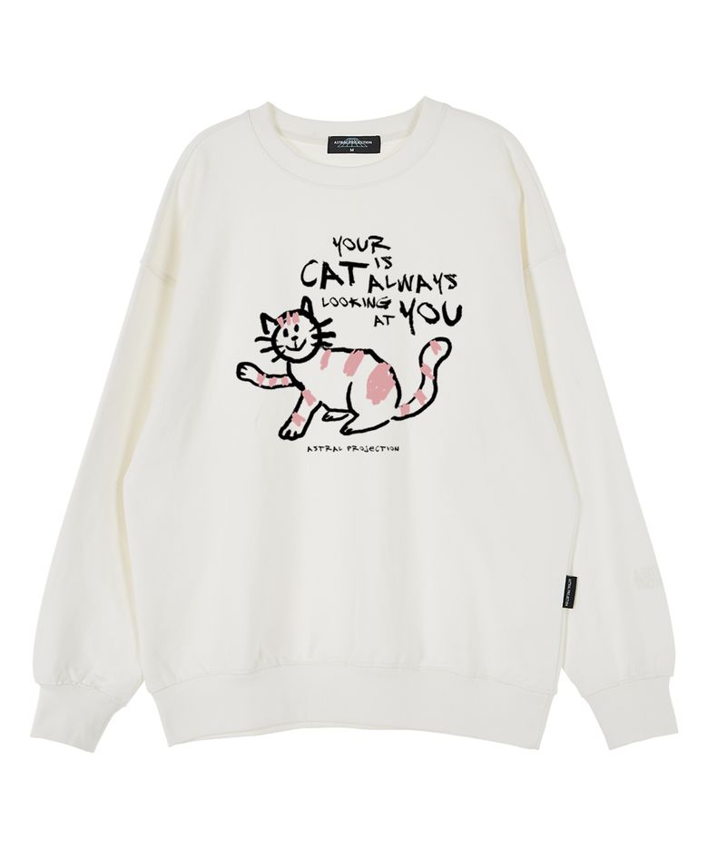 두들 캣 오버핏 드롭숄더 맨투맨_화이트