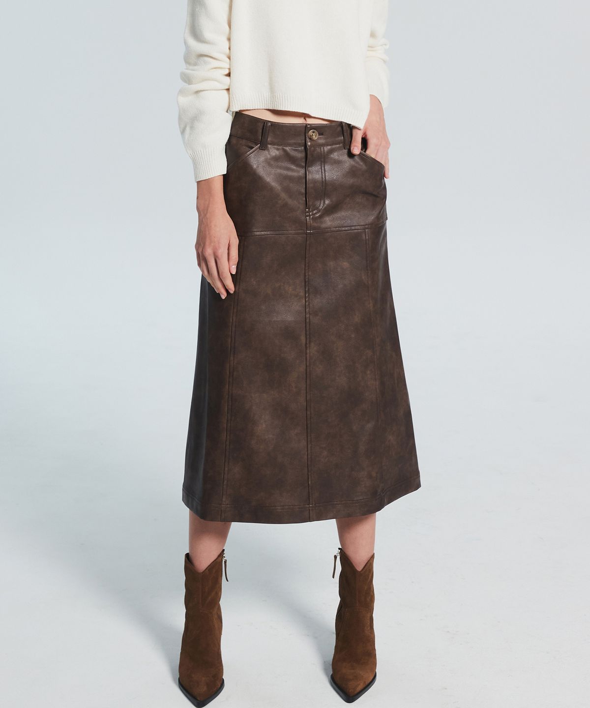 라클레르(RACLEUR) 패널 레이어 롱 스커트 [LEATHER]